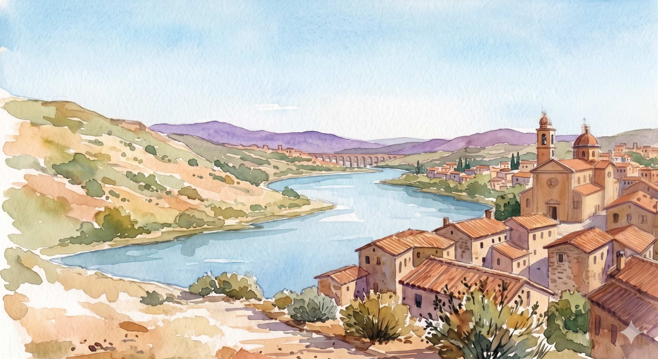 Watercolor landscape of a Mediterranean hillside town along a winding river