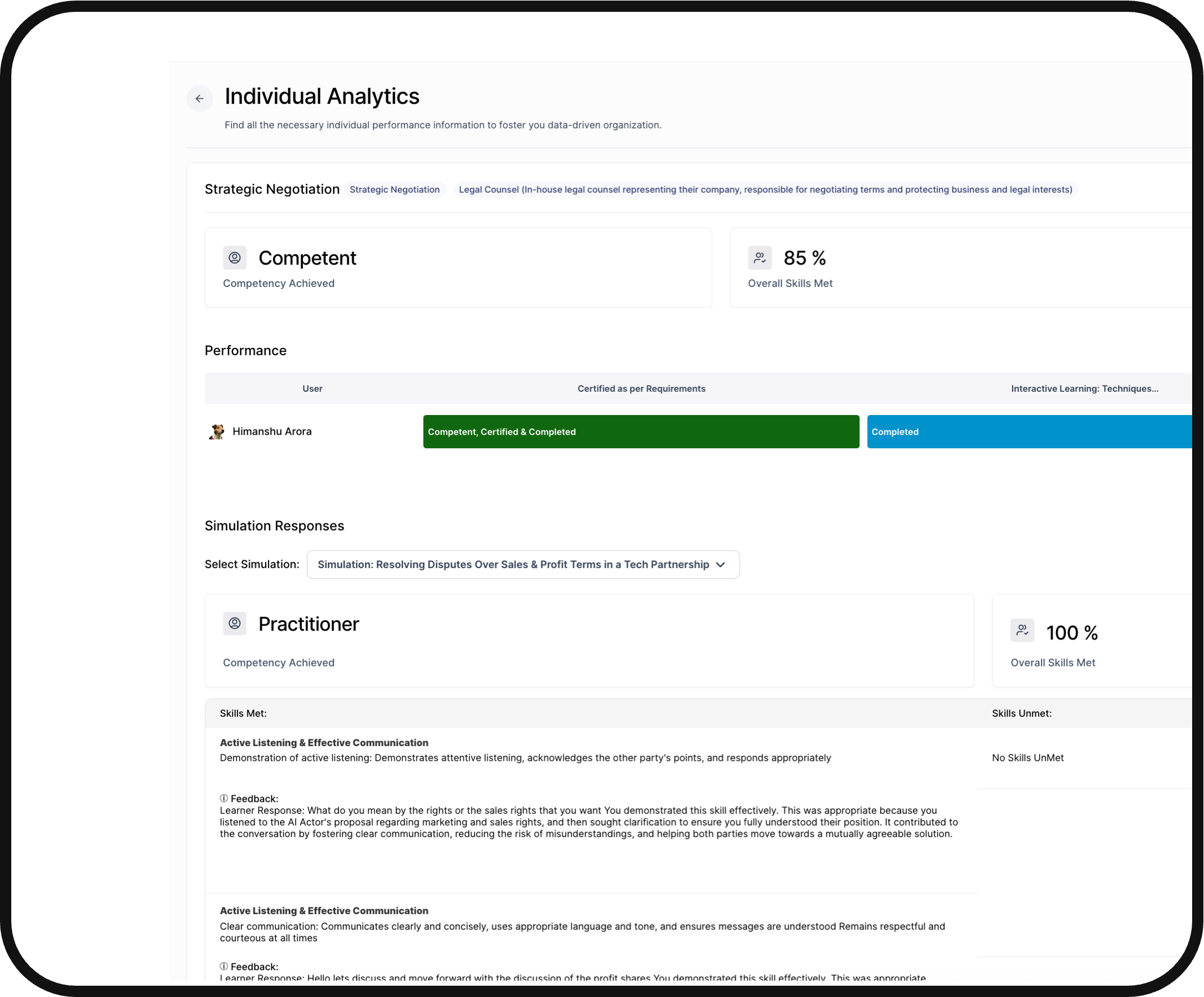 Frontiermind Insight desktop dashboard shown in landscape tablet — Individual Analytics view of workforce readiness, simulation responses, and skills met