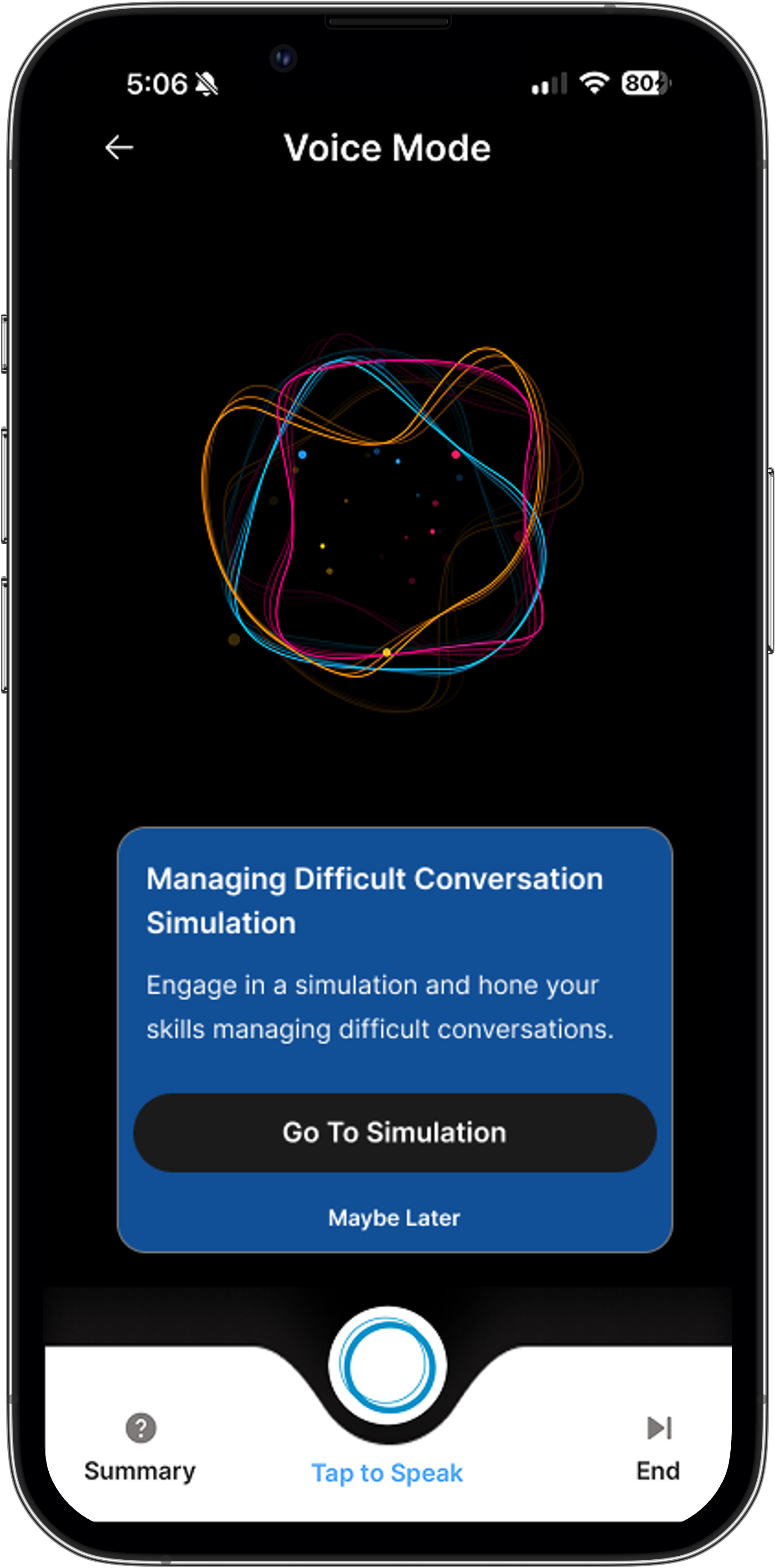 Nomi voice-mode coaching screen on mobile, inviting the learner into a Managing Difficult Conversation simulation