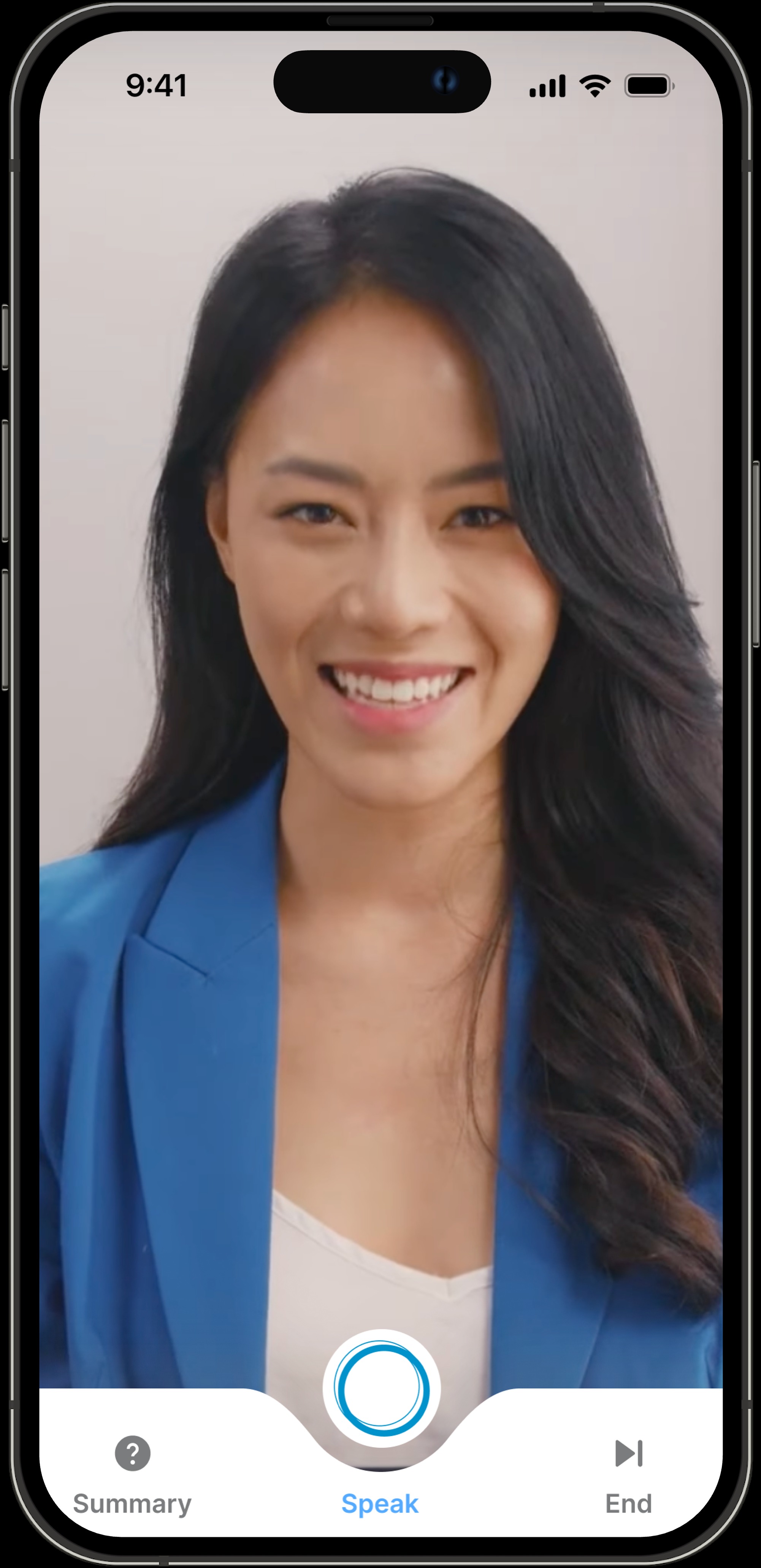 Frontiermind Nomi simulation running on a phone — a learner in a video call with an AI stakeholder